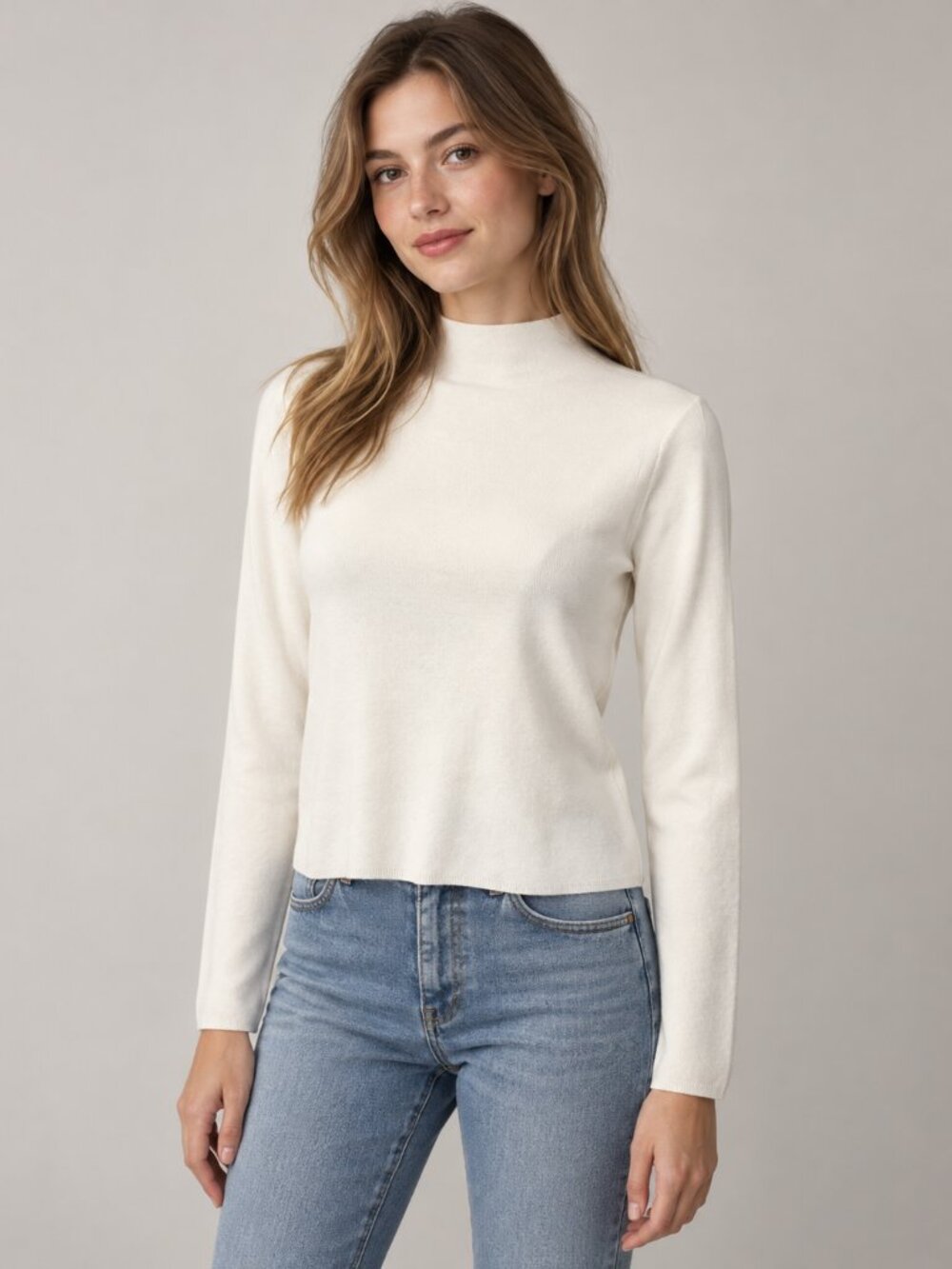 MNG Mango XS White Mock Neck Fine Knit Sweater Minimalist Long Sleeve